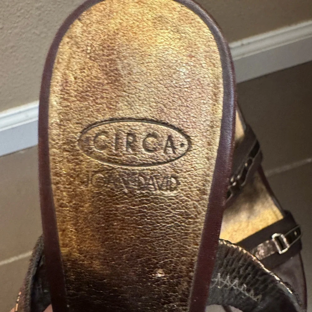 CIRCA JOAN & DAVID Leather And Canvas SZ 8 Open Toe Heel 2 Strap Y2K Bronze EUC